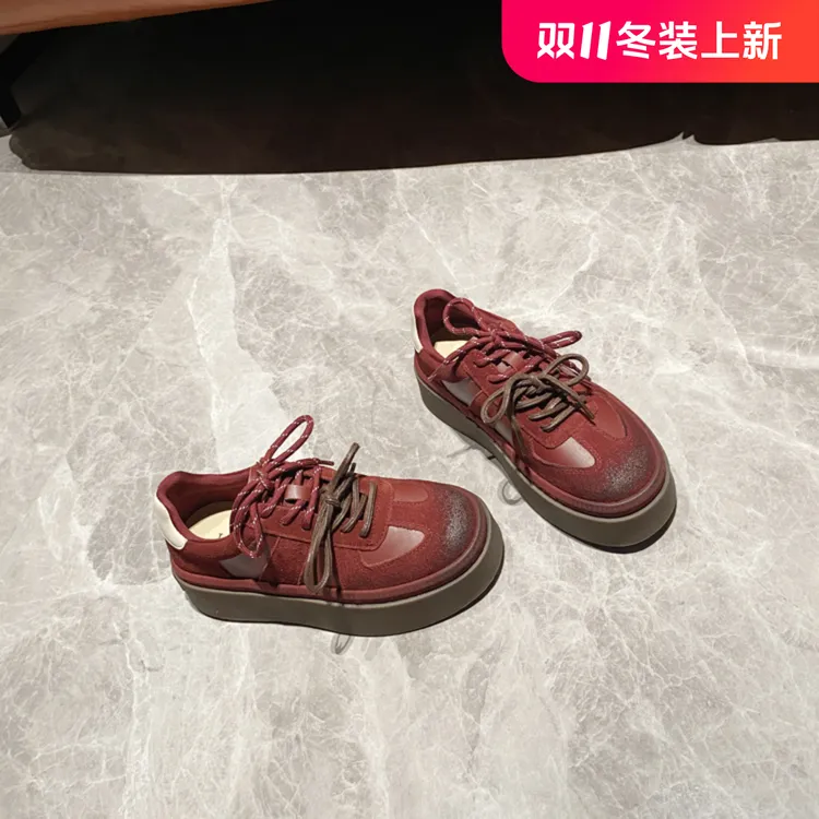 网红ins~安可拉红真皮厚底德训鞋女2024新款复古休闲板鞋学生女鞋