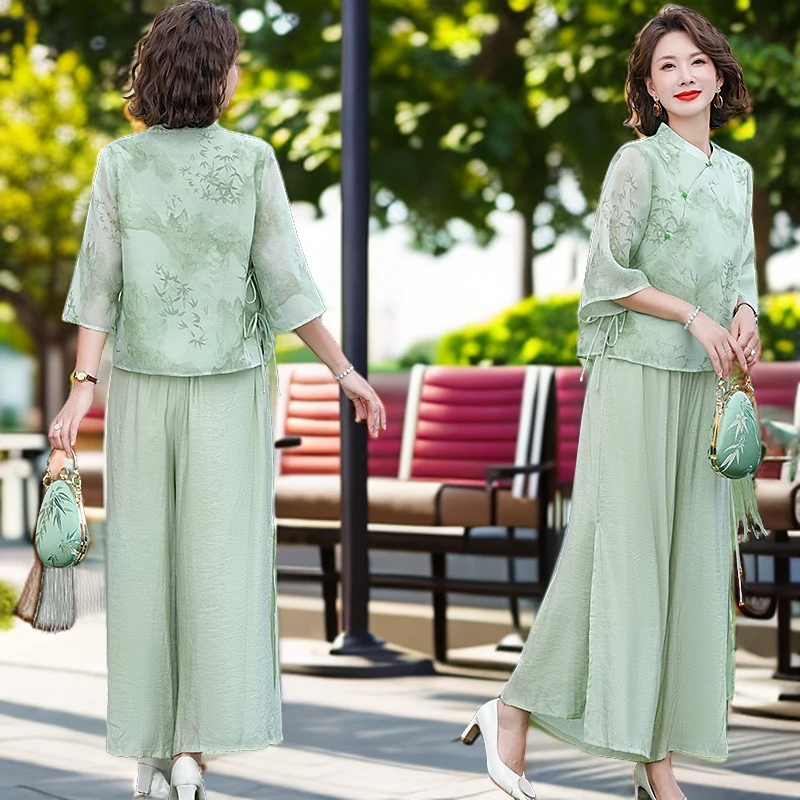 时尚夏新款国风中袖两件套女洋气上衣开叉裙裤民族风律动莫兰迪