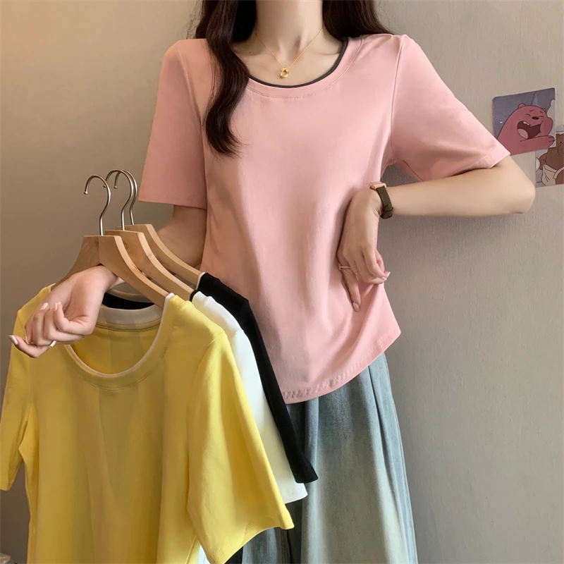 大码女装短袖T恤女夏季2024新款胖妹妹时尚撞色拼接休闲百搭上衣