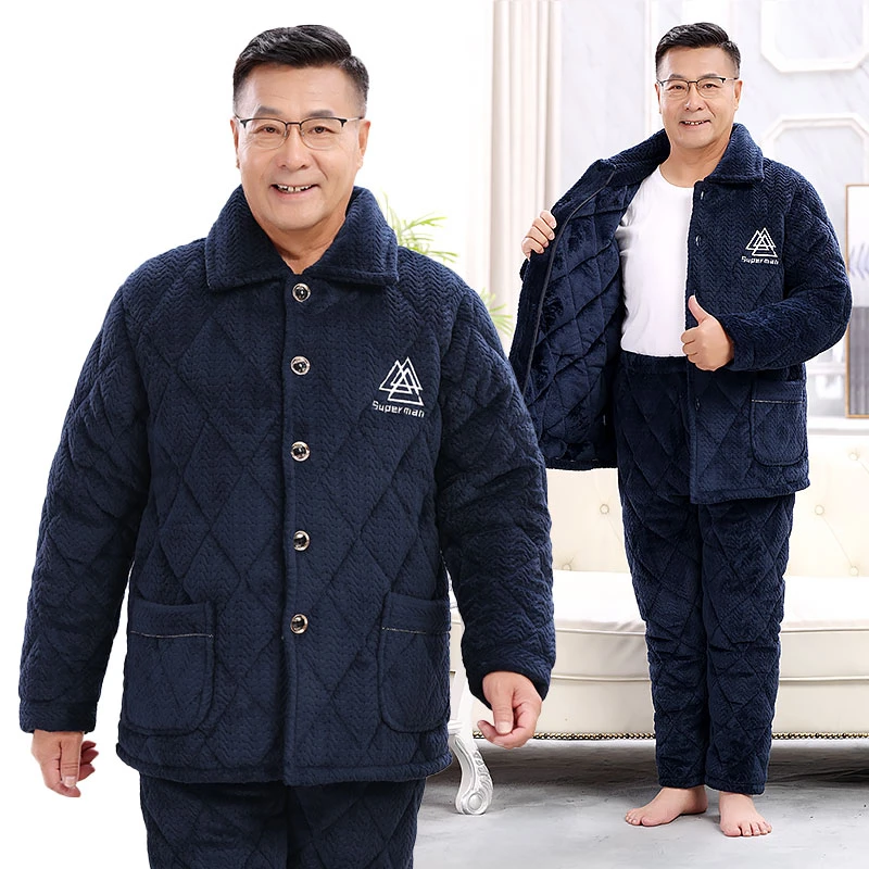 冬季珊瑚绒睡衣男中老年人爸爸三层夹棉男士睡衣冬款加厚加绒爸爸