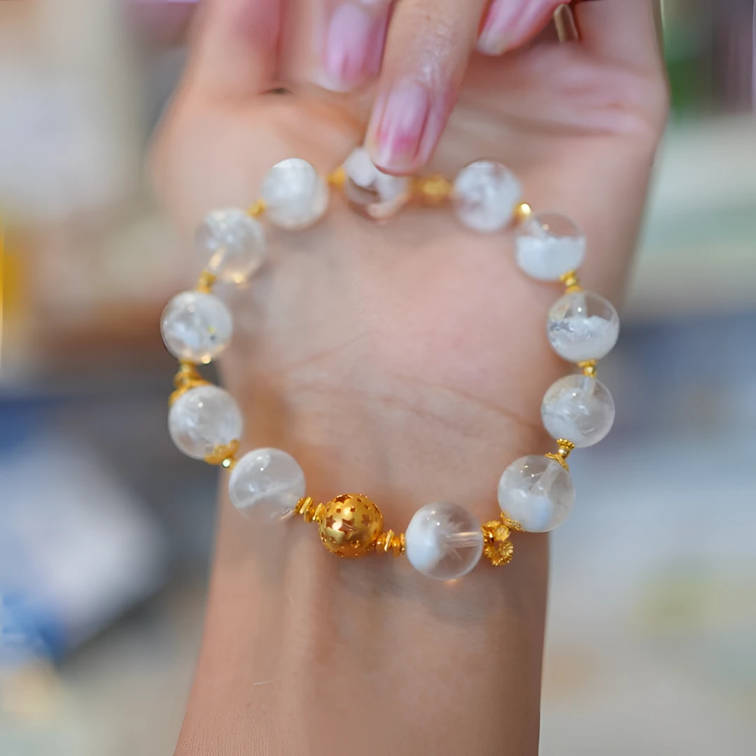 迷悟原创天然水晶雪花幽灵18K金白色手串/多样性发一M23062157