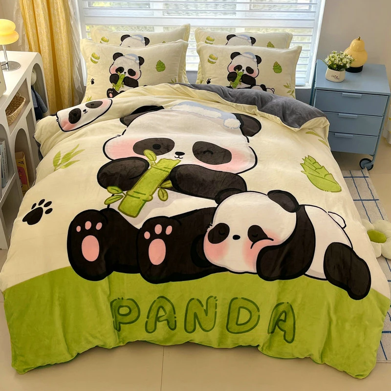 冬季卡通大熊猫保暖牛奶绒被套床单儿童男女加厚珊瑚绒法兰绒被罩
