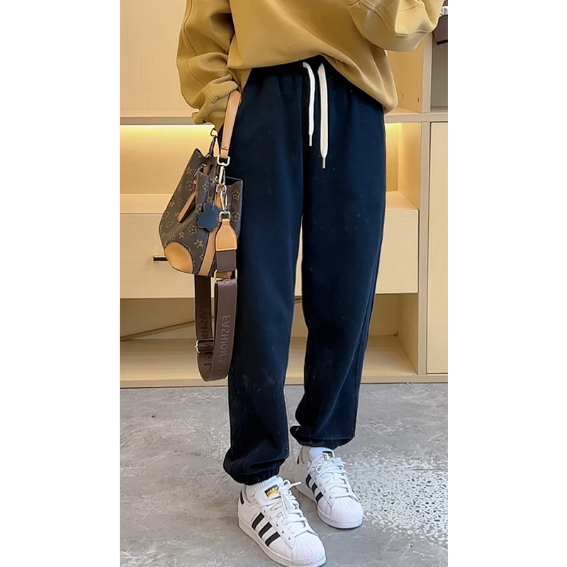 不加绒运动裤女宽松高腰束脚裤2024秋新款小个子休闲哈伦黑色卫裤