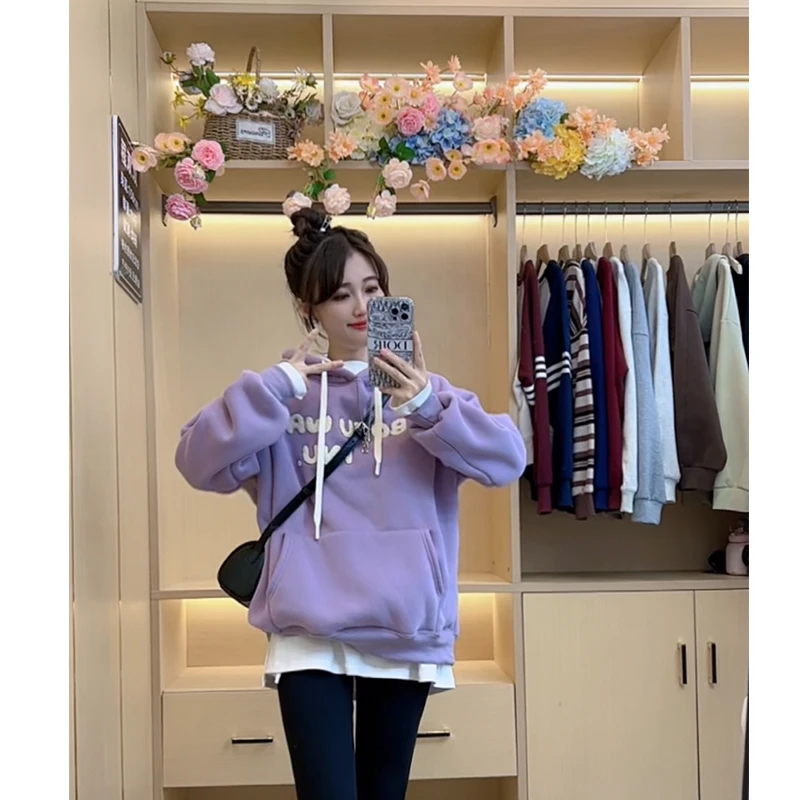 重工字母刺绣带帽卫衣女2024秋冬新款加绒加厚休闲宽松连帽上衣