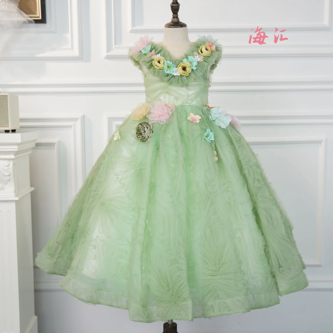 绿色花仙子齐地儿童礼服走秀高档花童生日主持演讲钢琴女孩儿童节
