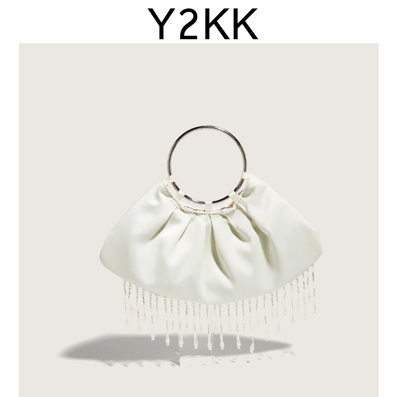 Y2KK新中式绸缎包国风手提式潮新款云朵包珍珠流苏斜跨女包百搭