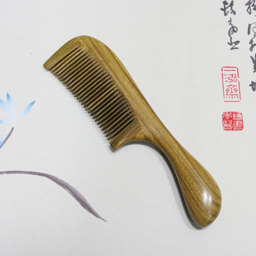 家用梳头玉檀香自然原木无漆手工制作大号齿梳防静电绿檀木梳子