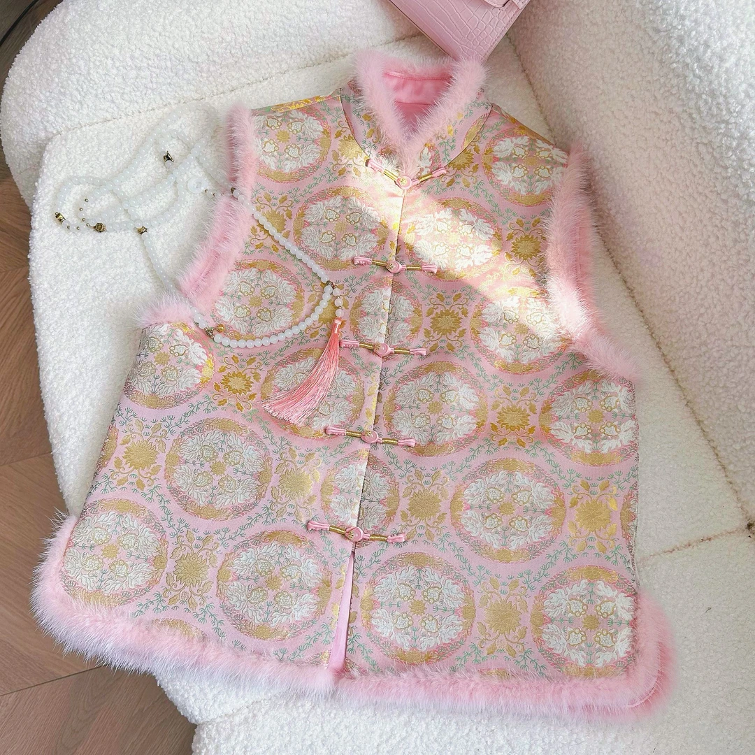 盈盈推荐《金鱼戏莲》百搭气质时尚新中式加棉宋锦马甲2621