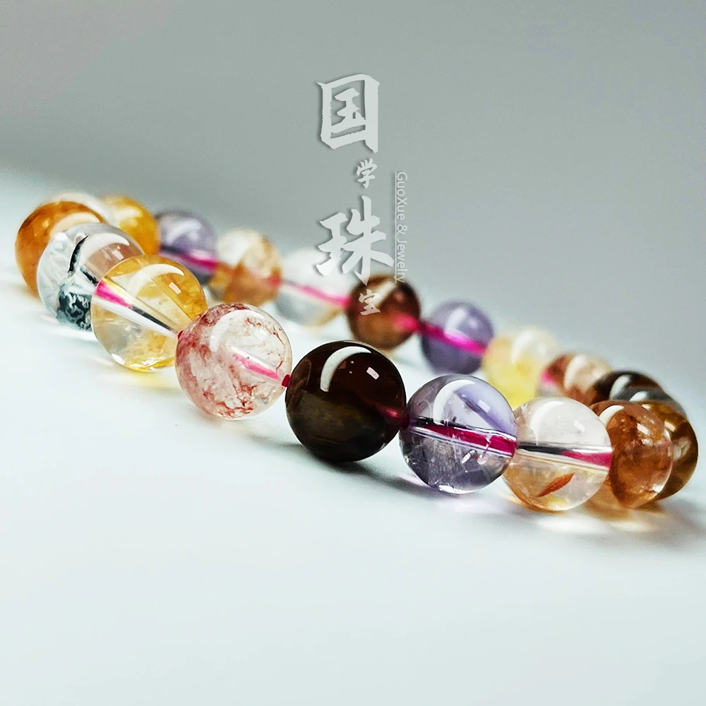 【国学珠宝】天然水晶超七胶花闪灵多宝单圈设计款手串手链多样性发