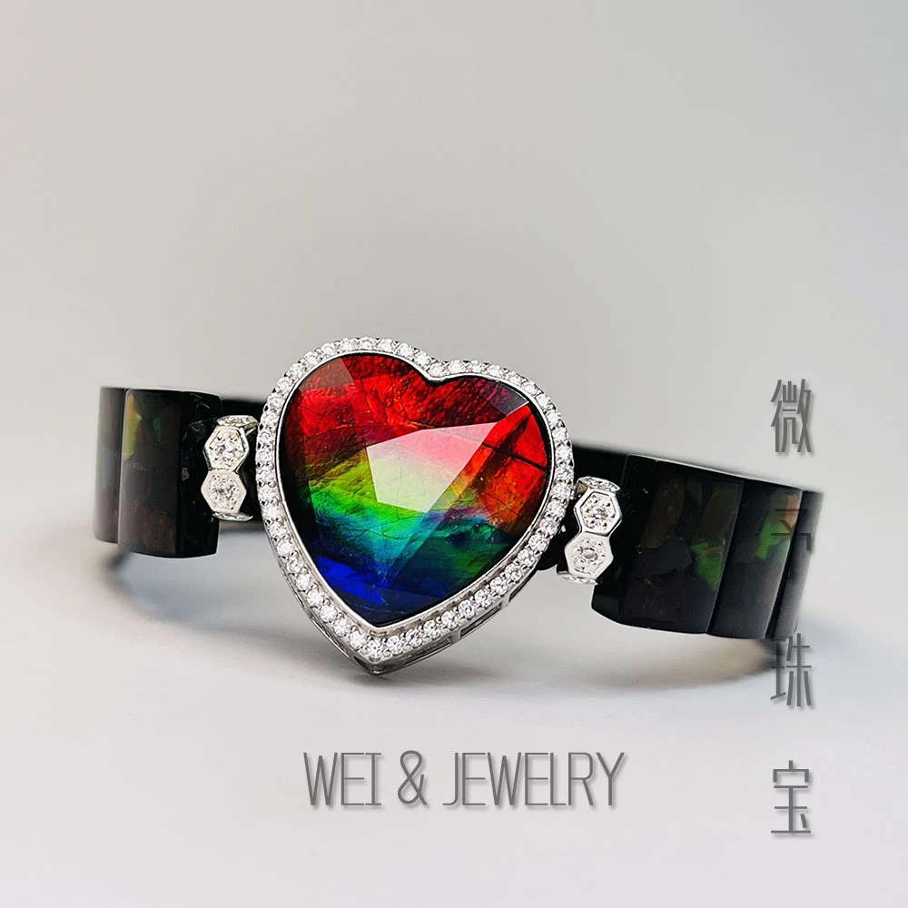 【微予珠宝】天然加拿大三色斑彩石彩斑菊石爱心手牌