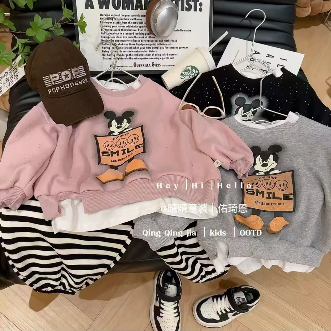 儿童卫衣秋款假两件女童上衣打底衫长袖圆领套头卫衣卡通米奇韩版