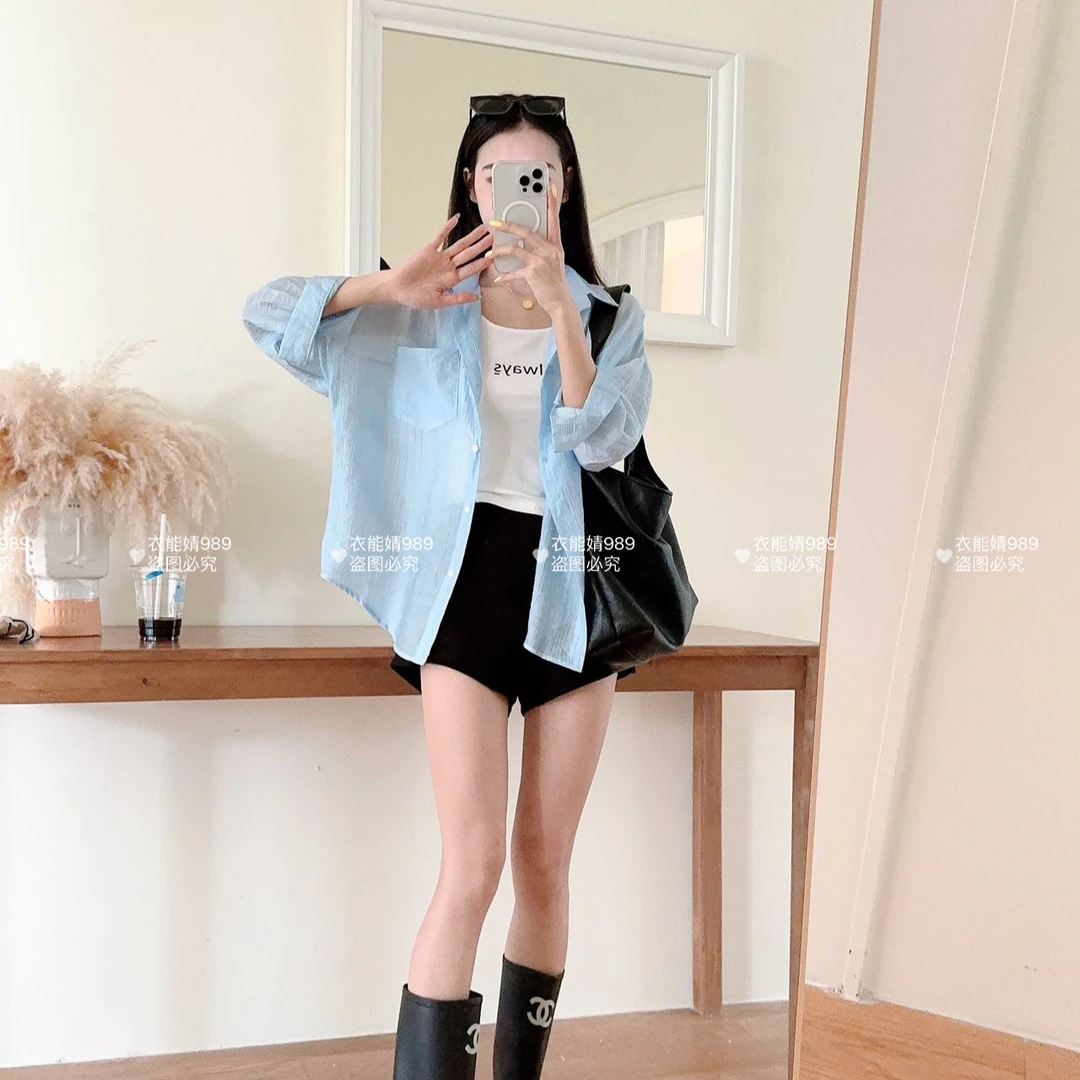 新款宽松透气女装衬衫外套慵懒风上衣韩版衬衫休闲宽松中长款时尚