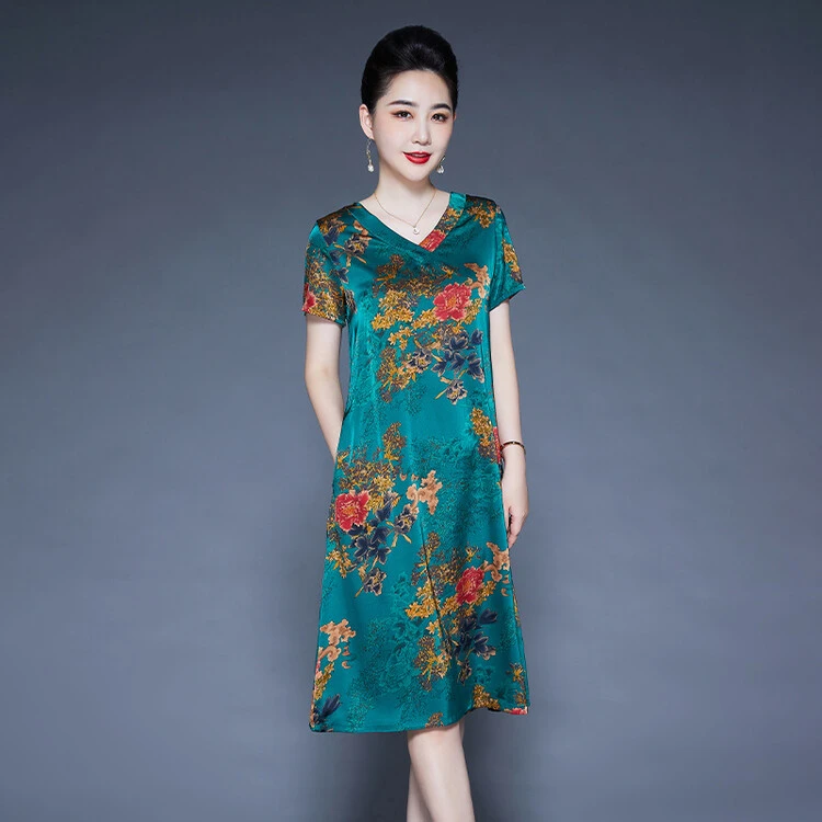 【真丝】香云纱连衣裙女中长款妈妈夏装高档桑蚕丝遮肚显瘦过膝裙女