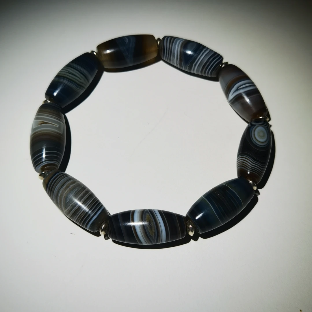 《木土堂 》 精品天然巴西天然缠丝玛瑙橄榄珠蓝黑男女款手串佛珠