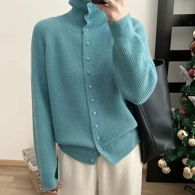 今年流行蜜熊绒软糯插肩袖高领一排扣长袖针织开衫外套女毛衣外搭