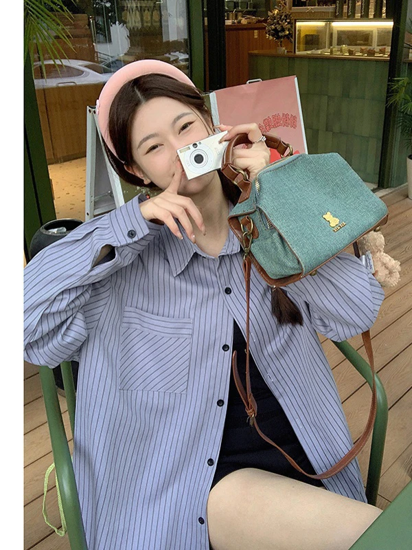 【雾霾蓝衬衫】法式条纹衬衫外套女新款慵懒风宽松衬衣百搭时尚上衣