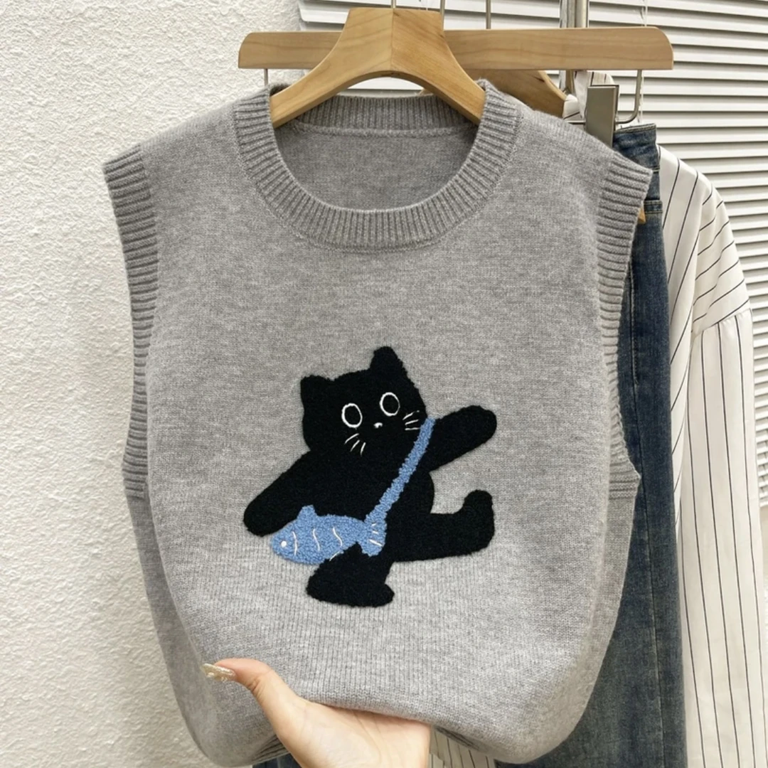 圆领卡通小猫针织马甲背心毛衣2024秋冬季新款韩版女装针织衫上衣