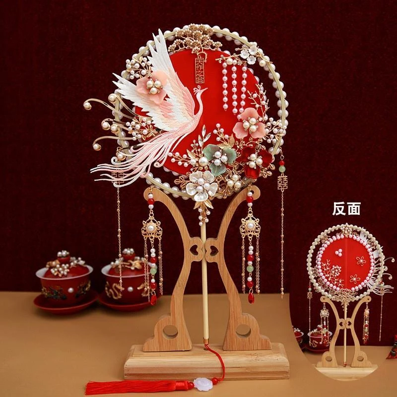 新娘团扇制作材料花嫁婚礼必备品长柄diy材料包团扇成品双面喜扇