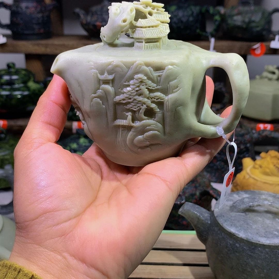 亮*石材冰碛玉精品壶