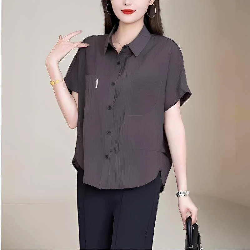 复古时尚短袖衬衫女士洋气显瘦上衣夏季新款中年妈妈装小个子衬衣