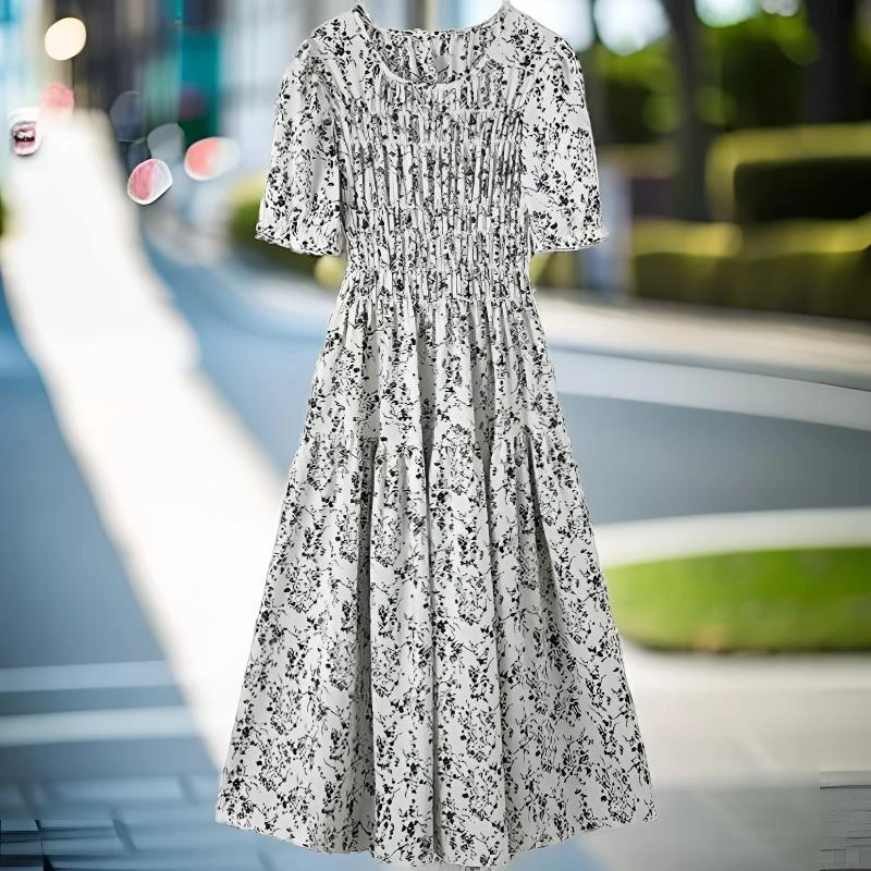 泡泡袖复古碎花连衣裙女2024夏季新款时尚洋气宽松连衣裙大码裙