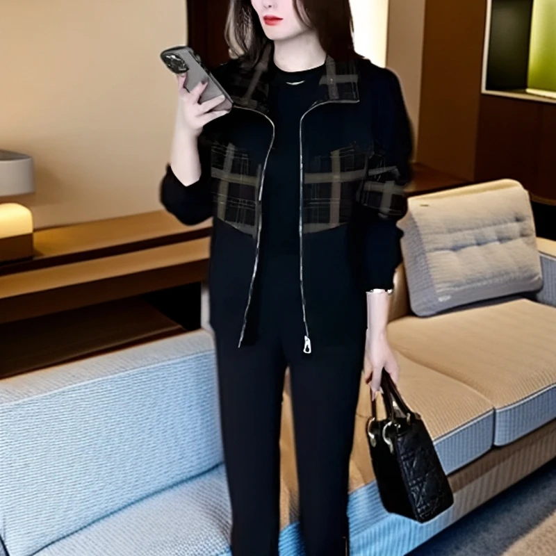 气质女装翻领夹克秋冬款格子拼接休闲时尚短款外套G显瘦加绒保暖