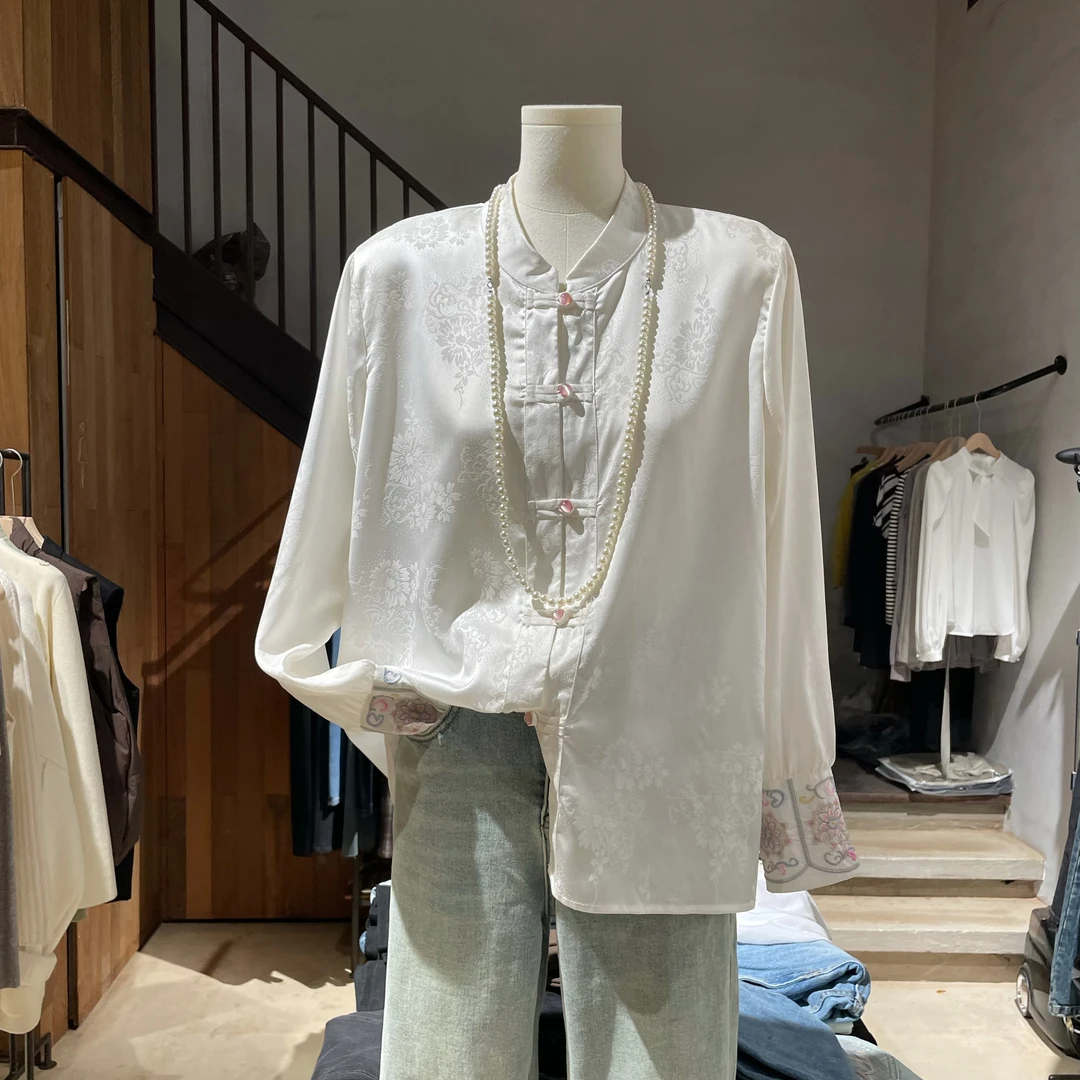 【花萝】秋款新款新中式国风复古立领暗纹提花刺绣国潮女士衬衣