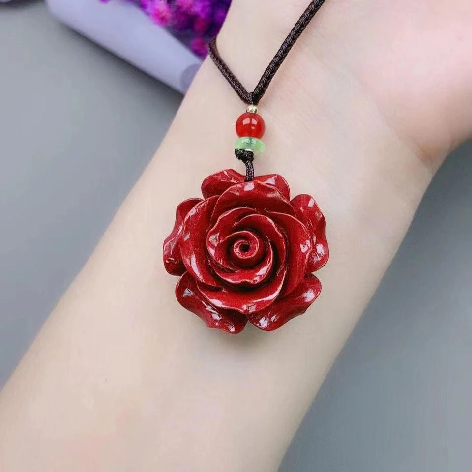 含辰砂工艺品高含量朱砂红花开富贵玫瑰花吊坠本命年项链女饰品