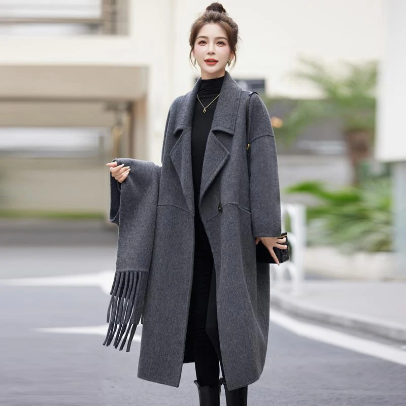 双面时尚大衣女2025春秋新款气质赫本风小香风连帽中长款羊毛大衣