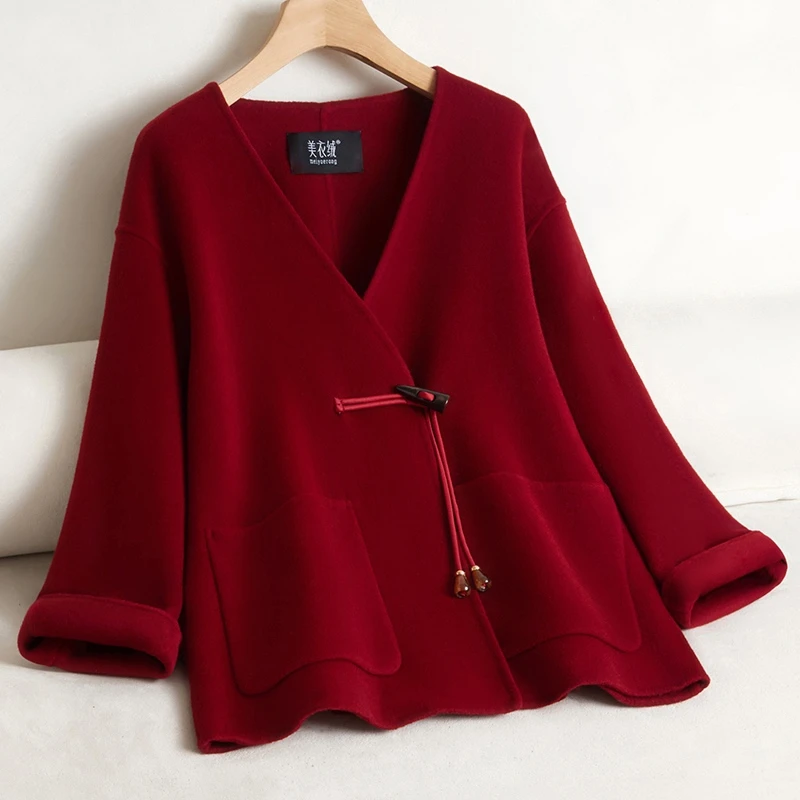 2025年新款秋冬小个子红色双面羊毛大衣女短款羊毛呢小香风外套