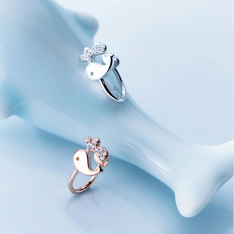 925银耳饰 S925银鲸鱼耳夹女日系可爱镶钻耳饰少女学生无耳洞耳环