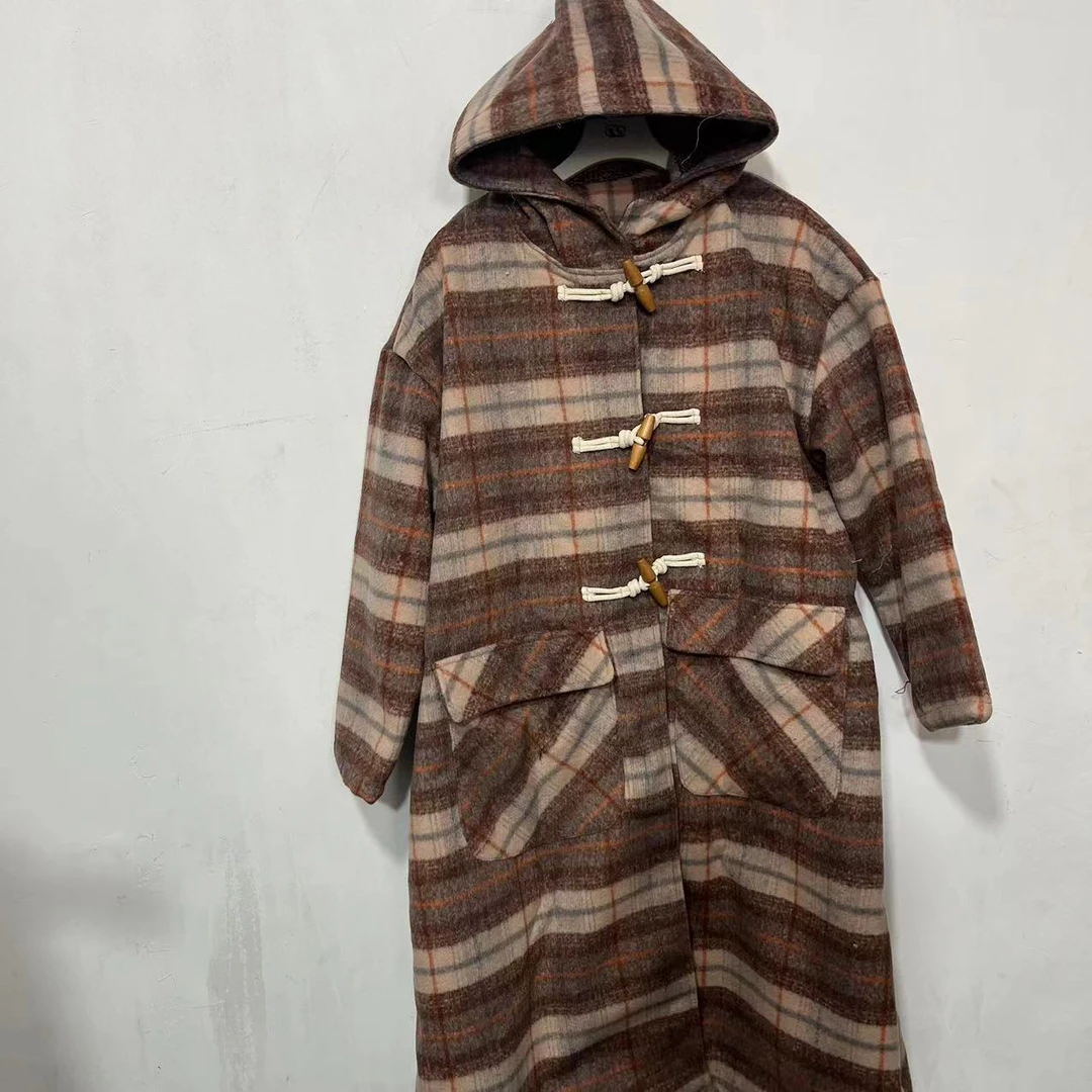 【沐木流浪记】卡其橘色格子双口袋连帽风衣外套00