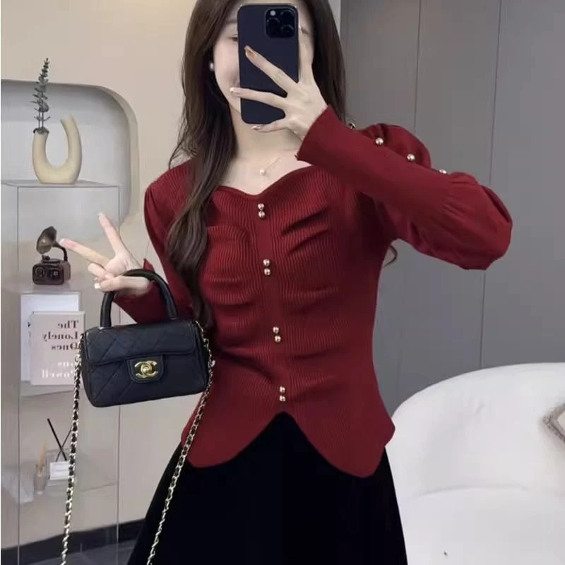 方领褶皱毛衣打底衫女秋冬季高级感韩版时尚针织衫上衣