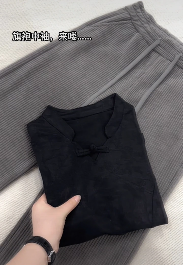 米蓝家好品质黑色显瘦旗袍中袖8919