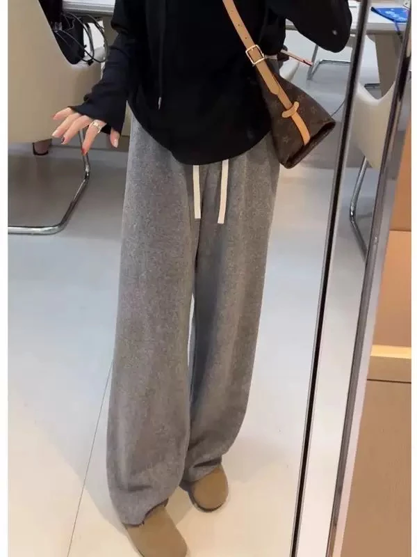 米蓝家名殿巨保暖高克重浅灰加绒糯米阔腿裤拖地裤0080