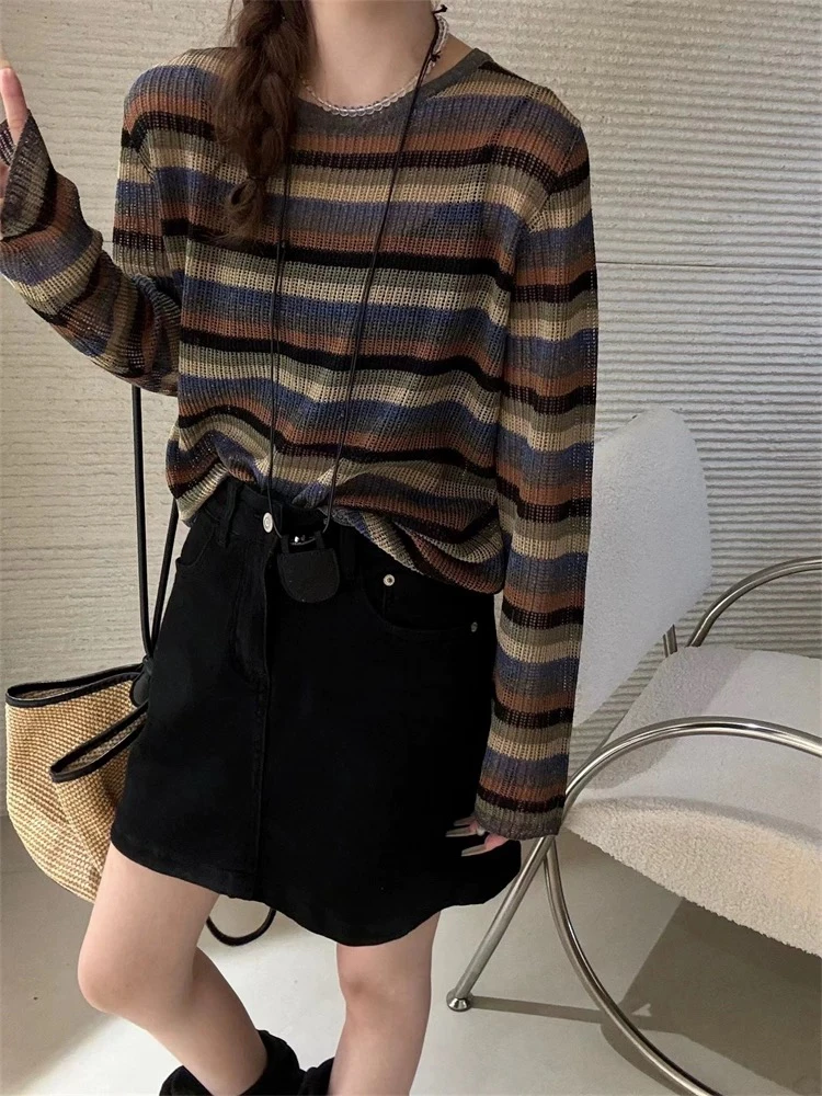 米蓝家名殿洋气彩条慵懒宽松长袖衫017