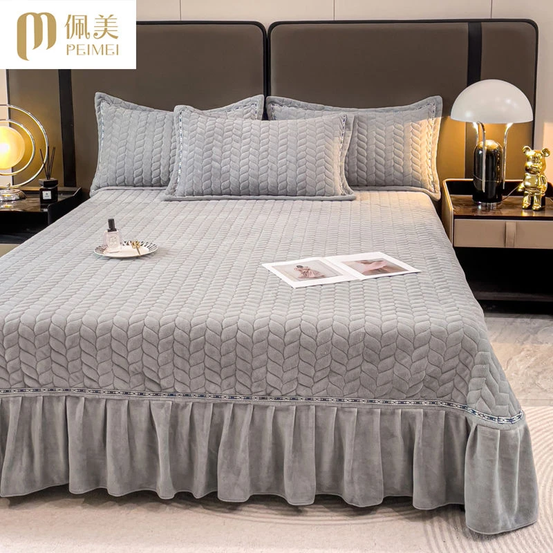新款加厚牛奶绒床盖三件套秋冬保暖绒夹棉床单纯色轻奢双人床褥子