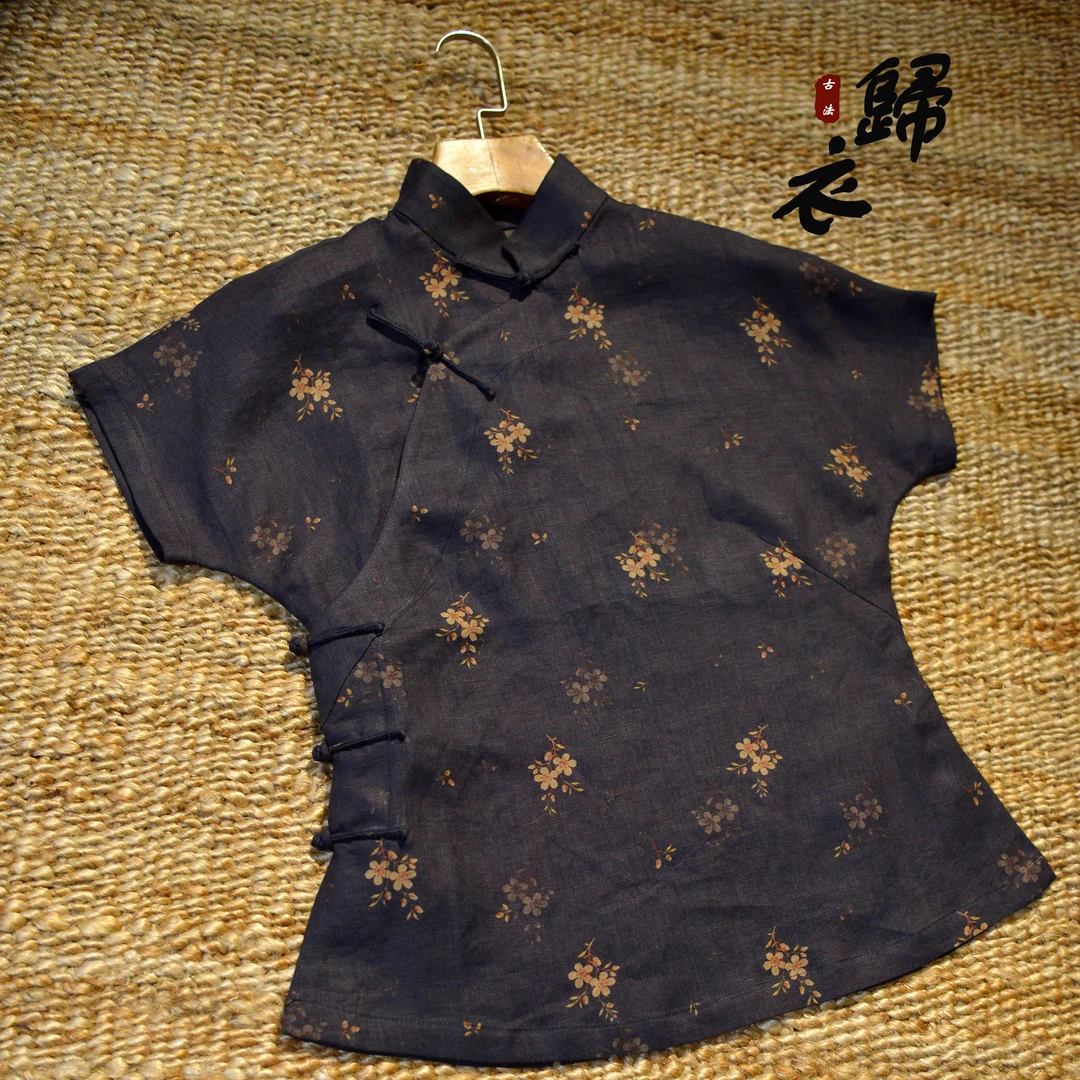 复古斜襟小碎花有领款上衣