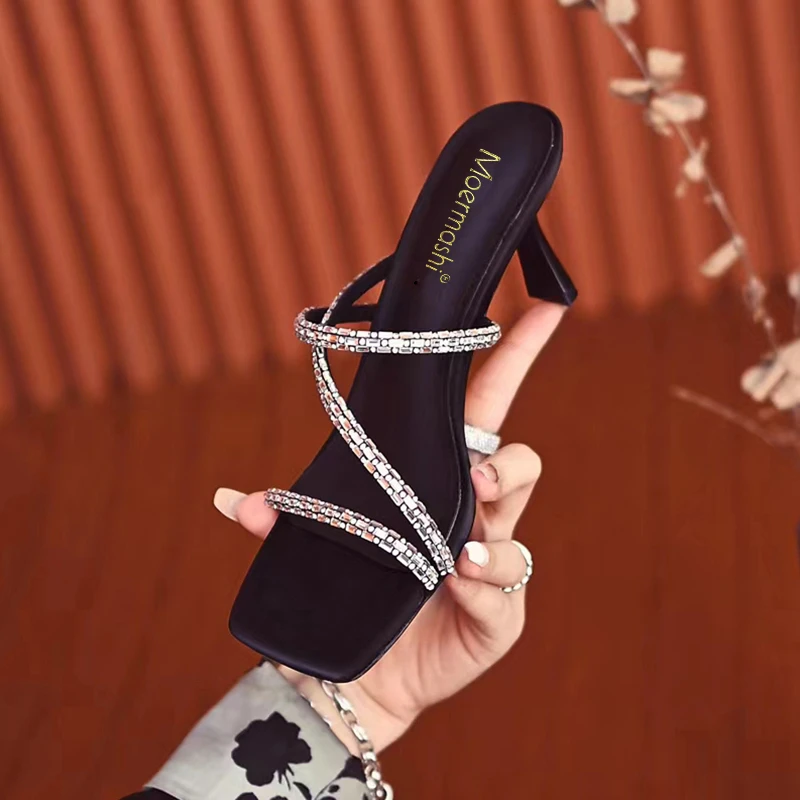 仙女风水钻高跟凉拖鞋女外穿2025夏季性感中跟绝美细跟方头一字拖