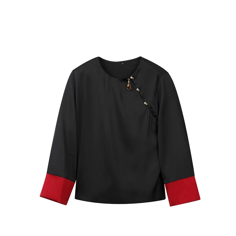 【婷哥专属】F2675：新中式醋酸段拼接吊坠长袖圆领上衣