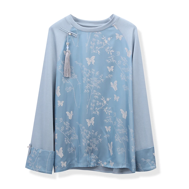 【阿芝专属】F2673 新中式缎面提花流苏衬衫上衣