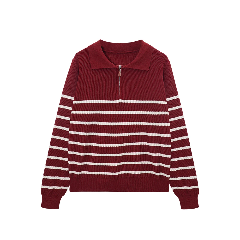 D 8218 条纹新款翻领拉链半开针织衫气质休闲打底针织衫衣