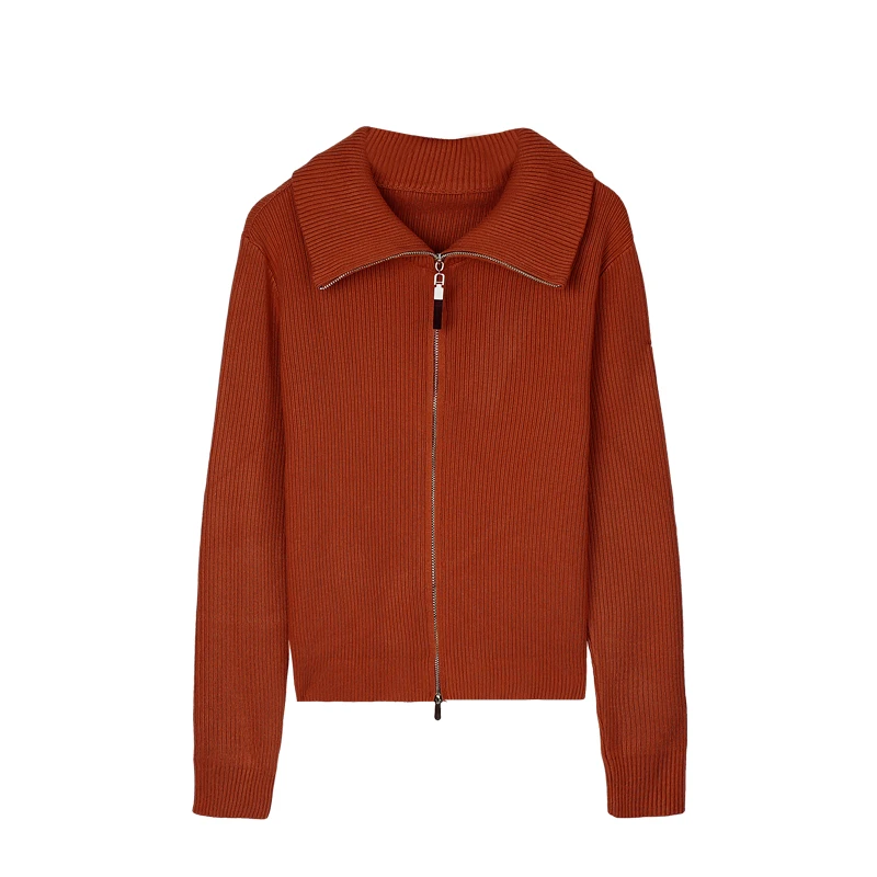 A 70005-1：秋冬新款2024简约坑条翻领女双拉链外搭针织开衫ZS