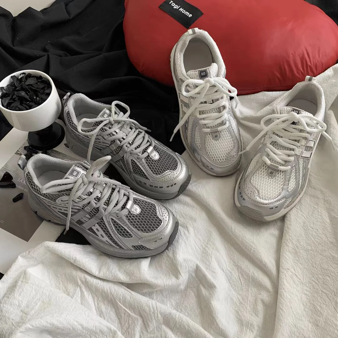 真皮复古网面透气跑步运动鞋女2024夏季新款厚底百搭学生老爹鞋