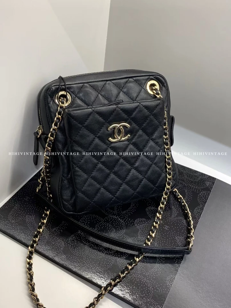 99新 Chanel/香奈儿 HIHI黑金菱格纹相机包26开6763933JL