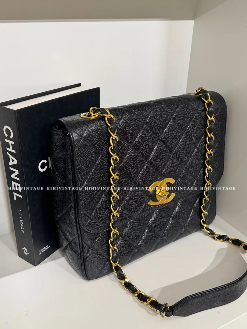 95新 Chanel/香奈儿 HIHI黑金荔枝纹贝嫂方胖子303开6758535JL