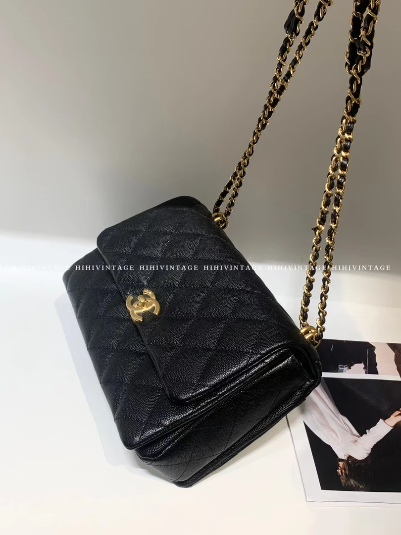 99新 Chanel/香奈儿 HIHI黑金荔枝纹三折方胖子芯片款4584348二店