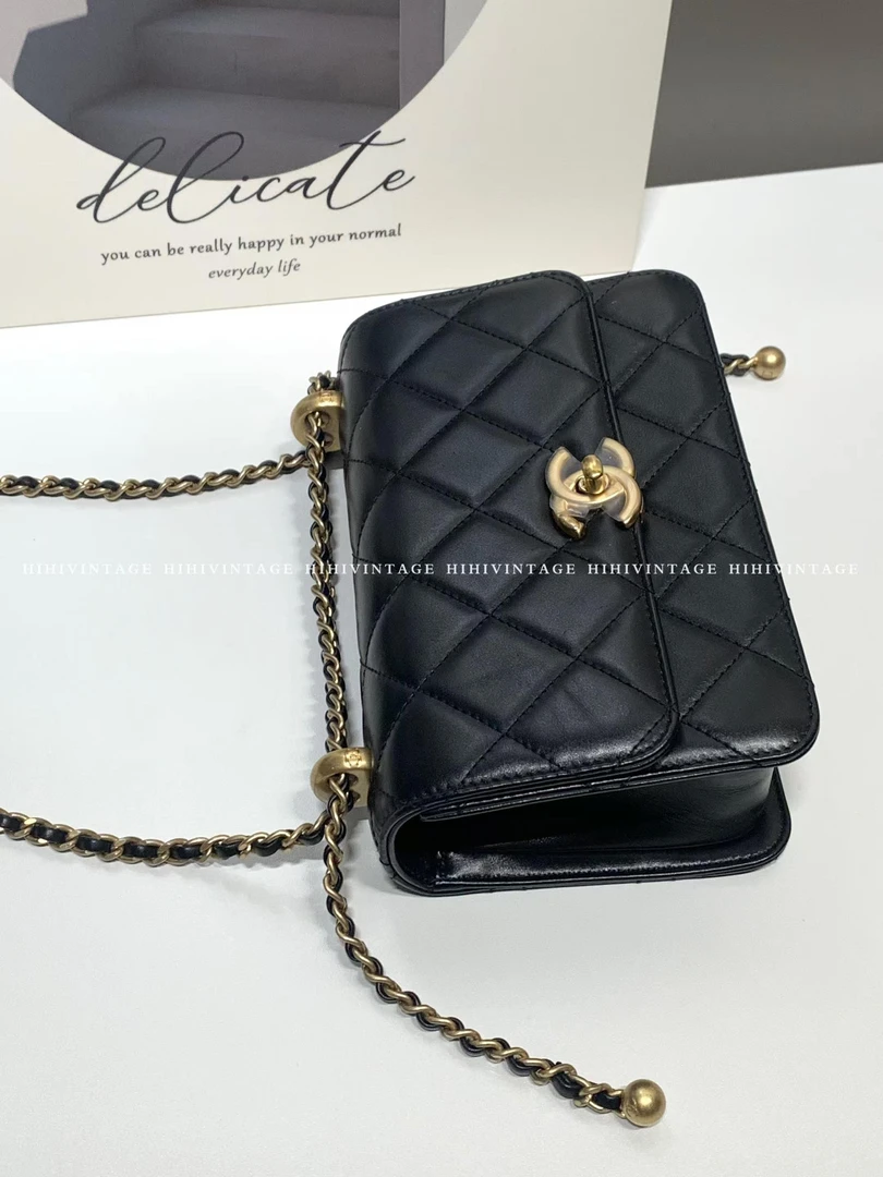 99新 Chanel/香奈儿 HIHI24C黑金双金珠woc链条包芯片9449549JL