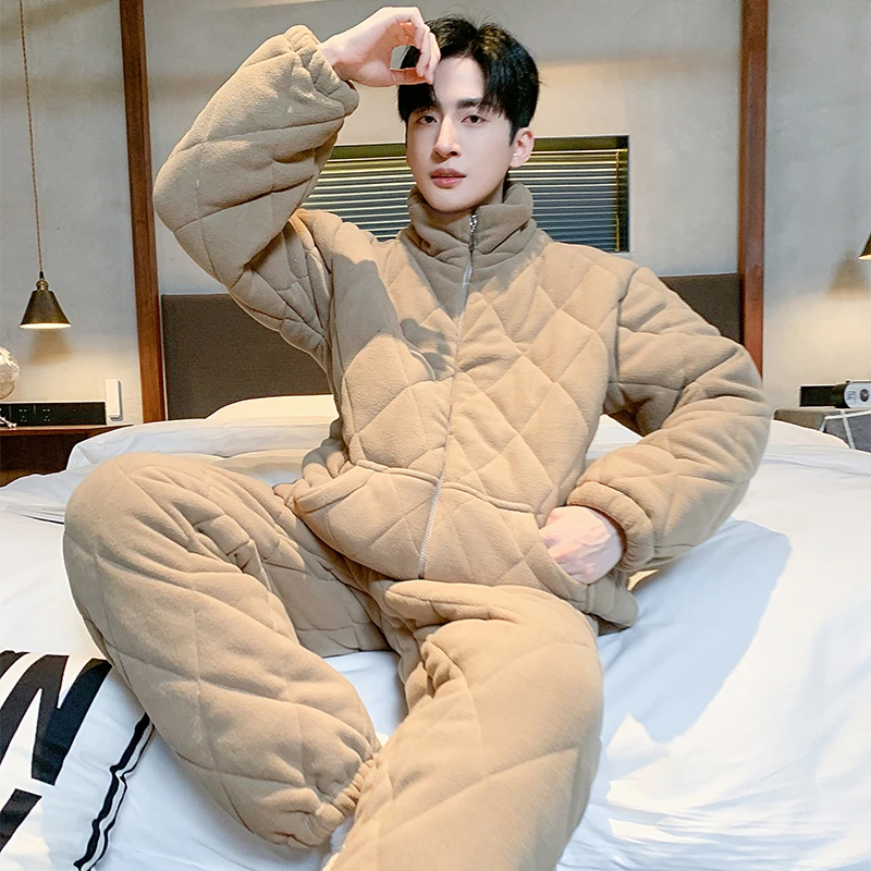 男士冬季睡衣冬天三层加厚夹棉袄珊瑚绒加绒冬款可外穿家居服套装