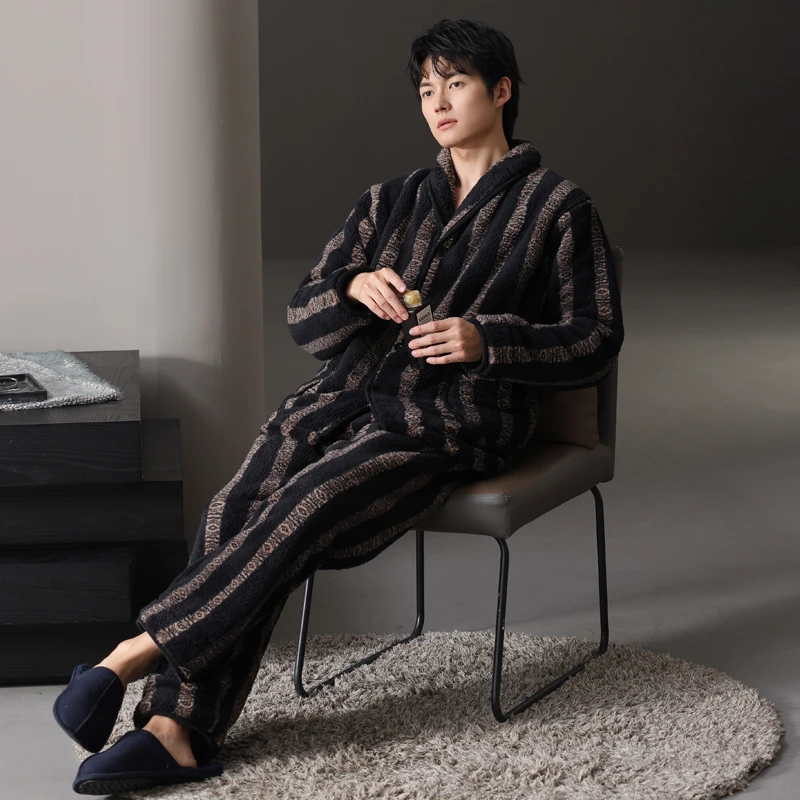 【轻奢高端】新款男士加绒加厚家居服时尚高档可外穿保暖家居服冬天